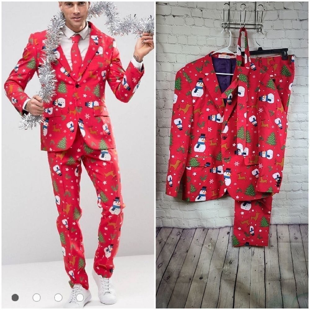 OppoSuits Slim Holidays Suit + Tie 3pc Christmaster Red XL ( 44R 36x34) Party